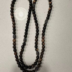 Brown Wood and Black Crystal Beaded Necklace
